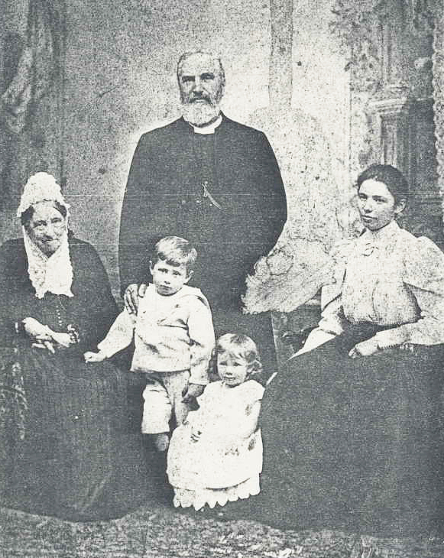 Georgina and her two youngest children with her father, Revd Alexander John Woodforde and Mrs Tomkins, one of Georgina's aunts